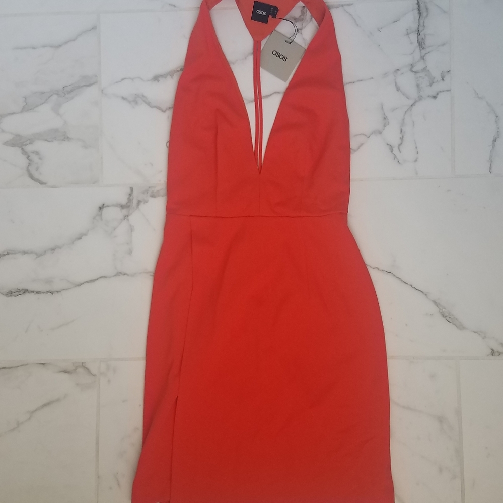 ASOS Bright Orange Plunge Side Zipper Mini Dress